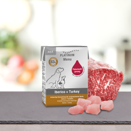 PLATINUM Menu Adult, Porc Iberic si Curcan, Hrana Umeda Pentru Caini, 185g