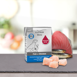 PLATINUM Menu Adult, Pui si Peste, Hrana Umeda Pentru Caini 185g