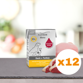 PLATINUM Menu Adult, Rata si Curcan, Bax Hrana Umeda Pentru Caini 12x185g