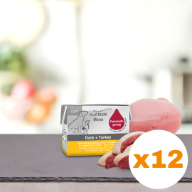 PLATINUM Menu Adult, Rata si Curcan, Bax Hrana Umeda Pentru Caini 12x90g