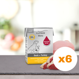 PLATINUM Menu Adult, Rata si Curcan, Bax Hrana Umeda Pentru Caini 6x185g