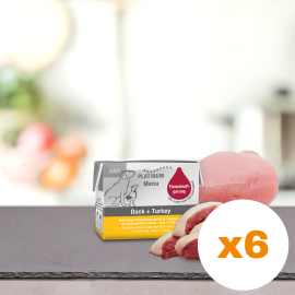 PLATINUM Menu Adult, Rata si Curcan, Bax Hrana Umeda Pentru Caini 6x90g