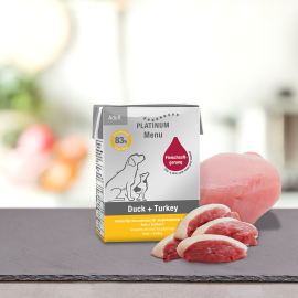 PLATINUM Menu Adult, Rata si Curcan, Hrana Umeda Pentru Caini 185g