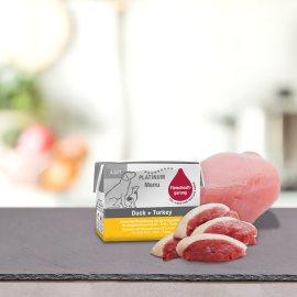 PLATINUM Menu Adult, Rata si Curcan, Hrana Umeda Pentru Caini 90g