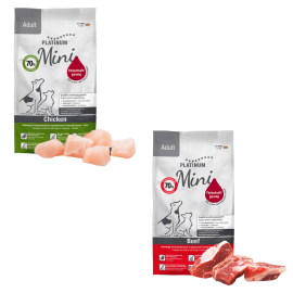 PLATINUM NATURAL Adult Mini Duo Mix, cu Pui si Vita, Hrana Uscata Pentru Caini Adulti de Talie Mica, 1.8kg (900g Pui si Orez | 900g Vita si Cartofi)