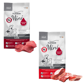 PLATINUM NATURAL Adult Mini Duo Mix, cu Vita si Miel, Hrana Uscata Pentru Caini Adulti de Talie Mica, 1.8kg (900g Miel si Orez | 900g Vita si Cartofi)