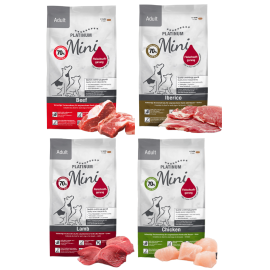 PLATINUM NATURAL Adult Mini Max Variety, cu Pui, Vita, Miel si Porc Iberic, Hrana Uscata Pentru Caini Adulti de Talie Mica, 3.6kg (900g Pui si Orez | 900g Vita si Cartofi | 900g Miel si Orez | 900g Porc Iberic si Verdeturi)