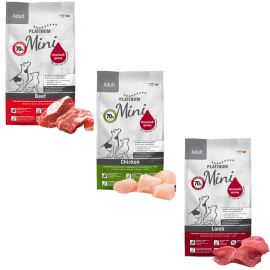 PLATINUM NATURAL Adult Mini Trio Mix, cu Pui, Vita si Miel, Hrana Uscata Pentru Caini Adulti de Talie Mica, 2.7kg (900g Pui si Orez | 900g Vita si Cartofi | 900g Miel si Orez)