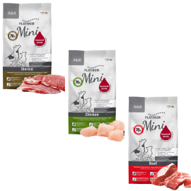 PLATINUM NATURAL Adult Mini Trio Mix, cu Pui, Vita si Porc Iberic, Hrana Uscata Pentru Caini Adulti de Talie Mica, 2.7kg (900g Pui si Orez | 900g Vita si Cartofi | 900g Porc Iberic si Verdeturi)