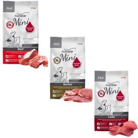 PLATINUM NATURAL Adult Mini Trio Mix, cu Vita, Miel si Porc Iberic, Hrana Uscata Pentru Caini Adulti de Talie Mica, 2.7kg (900g Vita si Cartofi | 900g Miel si Orez | 900g Porc Iberic si Verdeturi)