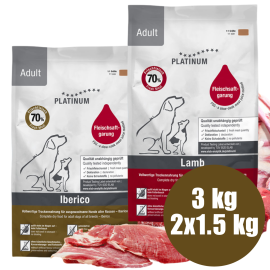 PLATINUM Natural Pet Food & Care Adult Duo Mix, Miel si Porc Iberic, Hrana Uscata Pentru Caini 3kg (1.5kg Miel si Orez | 1.5kg Porc Iberic si Verdeturi)