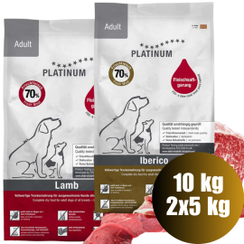 PLATINUM Natural Pet Food & Care Adult Duo Mix, Miel si Porc Iberic, Hrana Uscata Pentru Caini 10kg (5kg Miel si Orez | 5kg Porc Iberic si Verdeturi)