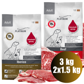 PLATINUM Natural Pet Food & Care Adult Duo Mix, Porc Iberic si Vita, Hrana Uscata Pentru Caini 3kg (1.5kg Iberico Green |1.5kg Vita si Cartofi)