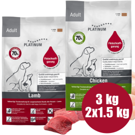 PLATINUM Natural Pet Food & Care Adult Duo Mix, Pui si Miel, Hrana Uscata Pentru Caini 3kg (1.5kg Pui si Orez |1.5kg Miel si Orez)