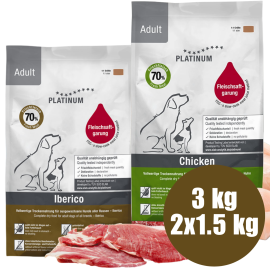 PLATINUM Natural Pet Food & Care Adult Duo Mix, Pui si Porc Iberic, Hrana Uscata Pentru Caini 3kg (1.5kg Pui si Orez |1.5kg Porc Iberic si Verdeturi)