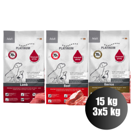 PLATINUM Natural Pet Food & Care Adult Pack, Miel, Vita si Porc Iberic, Hrana Uscata Pentru Caini 15kg (5kg Miel si Orez |5kg Vita si Cartofi |5kg Porc Iberic si Verdeturi)