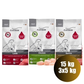 PLATINUM Natural Pet Food & Care Adult Pack, Pui, Miel si Porc Iberic, Hrana Uscata Pentru Caini 15kg (5kg Pui si Orez |5kg Miel si Orez |5kg Porc Iberic si Verdeturi)
