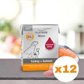 PLATINUM Menu Adult, Curcan si Somon, Bax Hrana Umeda Pentru Caini 12x375g