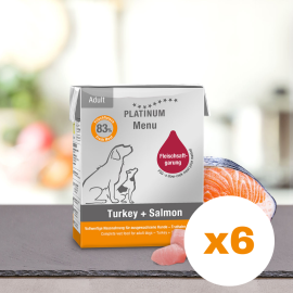 PLATINUM Menu Adult, Curcan si Somon, Bax Hrana Umeda Pentru Caini 6x375g