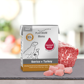 PLATINUM Menu Adult, Porc Iberic si Curcan, Hrana Umeda Pentru Caini, 375g