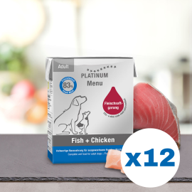 PLATINUM Menu Adult, Pui si Peste, Bax Hrana Umeda Pentru Caini 12x375g