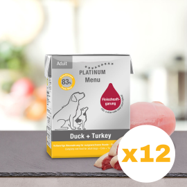PLATINUM Menu Adult, Rata si Curcan, Bax Hrana Umeda Pentru Caini 12x375g