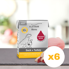 PLATINUM Menu Adult, Rata si Curcan, Bax Hrana Umeda Pentru Caini 6x375g