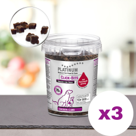 PLATINUM Natural Pet Food & Care Click-Bits, Pui si Miel, Set Recompense Fara Cereale Pentru Caini, 3x300g
