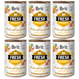 BRIT FRESH Pui si Cartofi Dulci, Set Conserve Hrana Umeda Caine (bucati carne in pateu) 6x400g