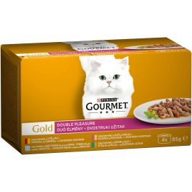PURINA Gourmet Gold Dubla Savoare, cu Vita si Pui | Rata si Curcan | Peste si Spanac | Iepure si Ficat, Multipack Conserve Hrana Umeda Pentru Pisici Adulte, 4x85g