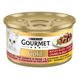 PURINA Gourmet Gold Cubulete Carne in Sos, cu Somon si Pui, Conserva Hrana Umeda Pentru Pisici, 85g
