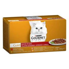 PURINA Gourmet Gold Cubulete Carne in Sos, cu Vita |Rata si Curcan |Somon si Pui | Pui si Ficat, Multipack Conserve Hrana Umeda Pentru Pisici Adulte, 4x85g