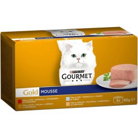 PURINA Gourmet Gold Mousse, cu Vita | Curcan | Ficat si Ton, Multipack Conserve Hrana Umeda Pentru Pisici Adulte, 4x85g