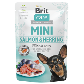 BRIT CARE MINI Somon si Hering, Plic Hrana Umeda Fara Cereale, Caine Sterilizat  (fillet carne in sos) 85g