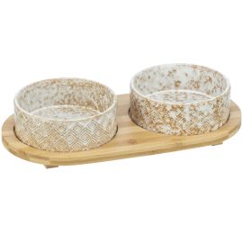 Set 2 Castroane Ceramice in Suport din Bambus, Pentru Caini 2x800ml | 16cm