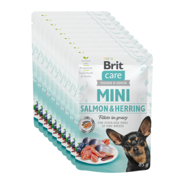 BRIT CARE MINI Somon si Hering, Set Plic Hrana Umeda Fara Cereale, Caine Sterilizat  (fillet carne in sos) 10x85g