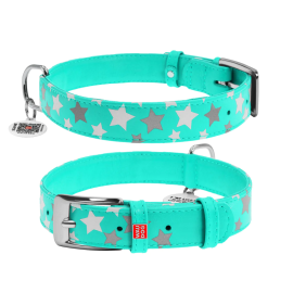 WAUDOG Glamour Stars, Zgarda din Piele Pentru Caini, cu Smart ID Tag, Marime L 38-49cm torqoise