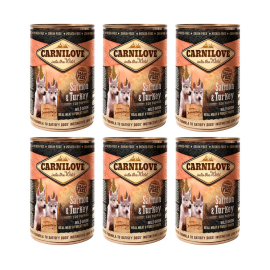 CARNILOVE Grain Free Puppy, Somon si Curcan, Set Conserve Hrana Umeda Caine Junior (pateu, 67% carne, fara cereale), 6x400g