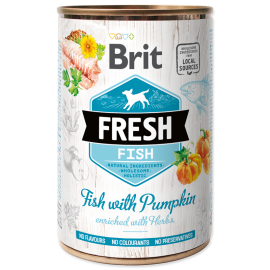 BRIT FRESH Peste si Dovleac, Conserva Hrana Umeda Caine (bucati carne in pateu) 400g